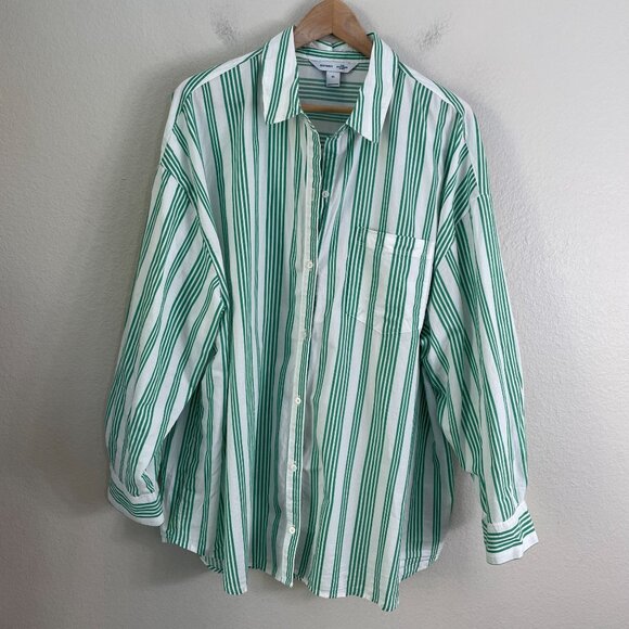 Old Navy Womens XL Boyfriend Shirt Green White Vertical Stripe Button Up Blouse - Picture 7 of 10